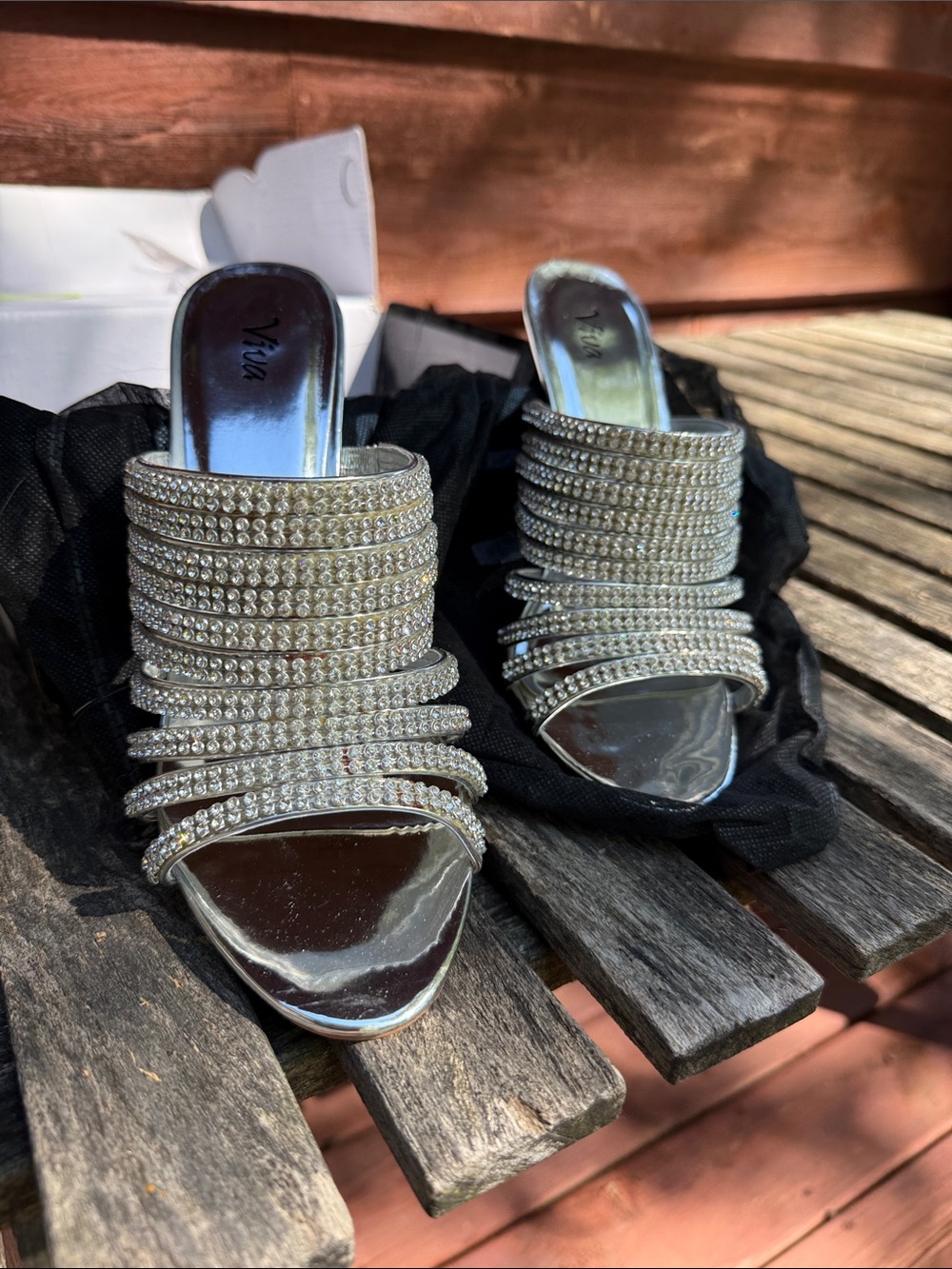 Silver Crystal-Strap Slide Heels